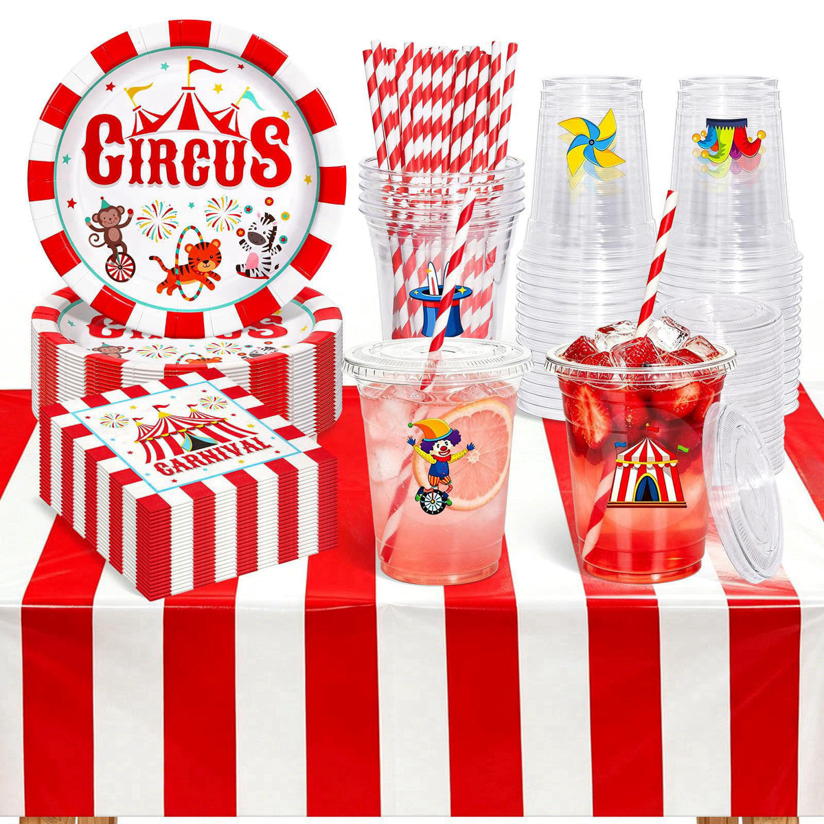 TgtherVibe Circus Carnival Party Tableware and 16oz Disposable Cups with Lid- Serve 24 – Red and White Striped, Paper, P