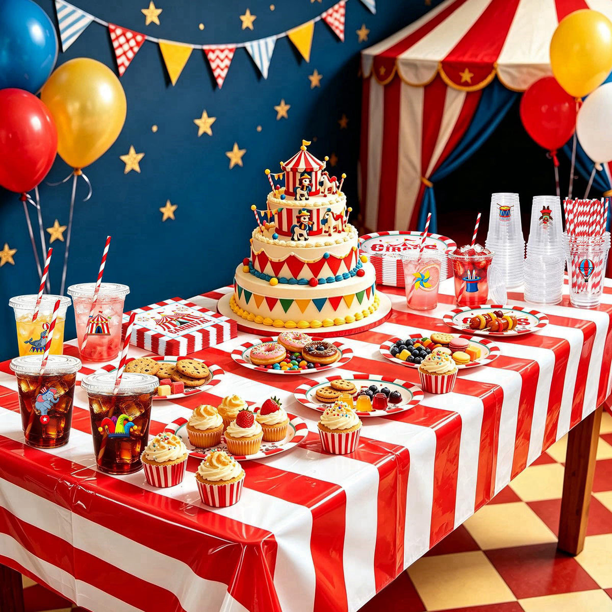 TgtherVibe Circus Carnival Party Tableware and 16oz Disposable Cups with Lid- Serve 24 – close-up detail in Red and Whit