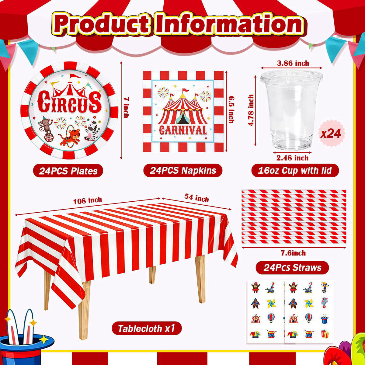 TgtherVibe Circus Carnival Party Tableware and 16oz Disposable Cups with Lid- Serve 24 – packaging and label