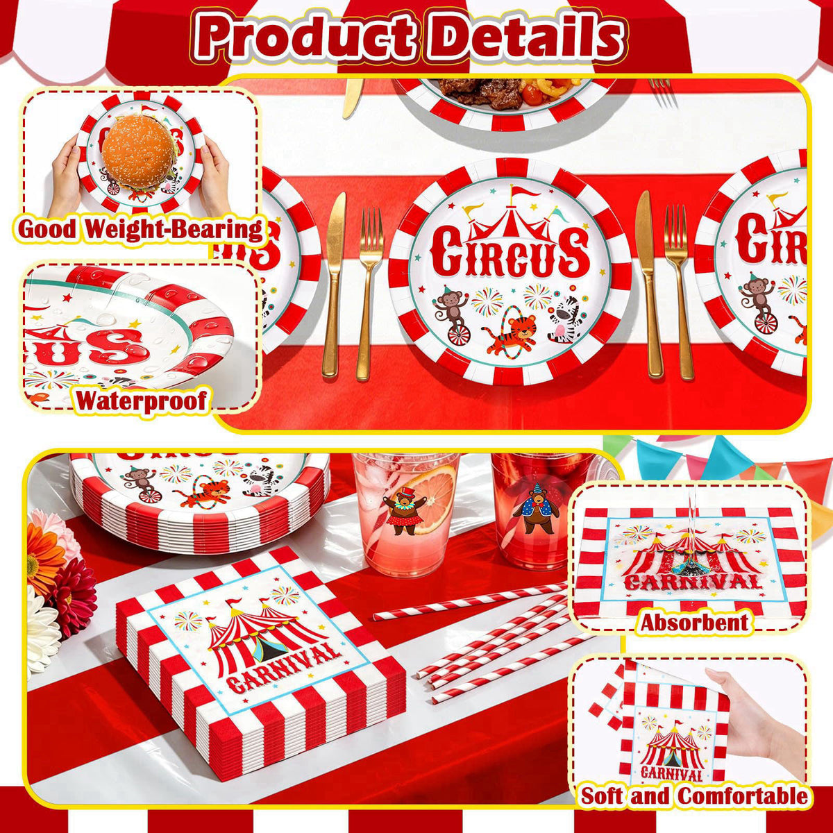 TgtherVibe Circus Carnival Party Tableware and 16oz Disposable Cups with Lid- Serve 24 – back view and specifications