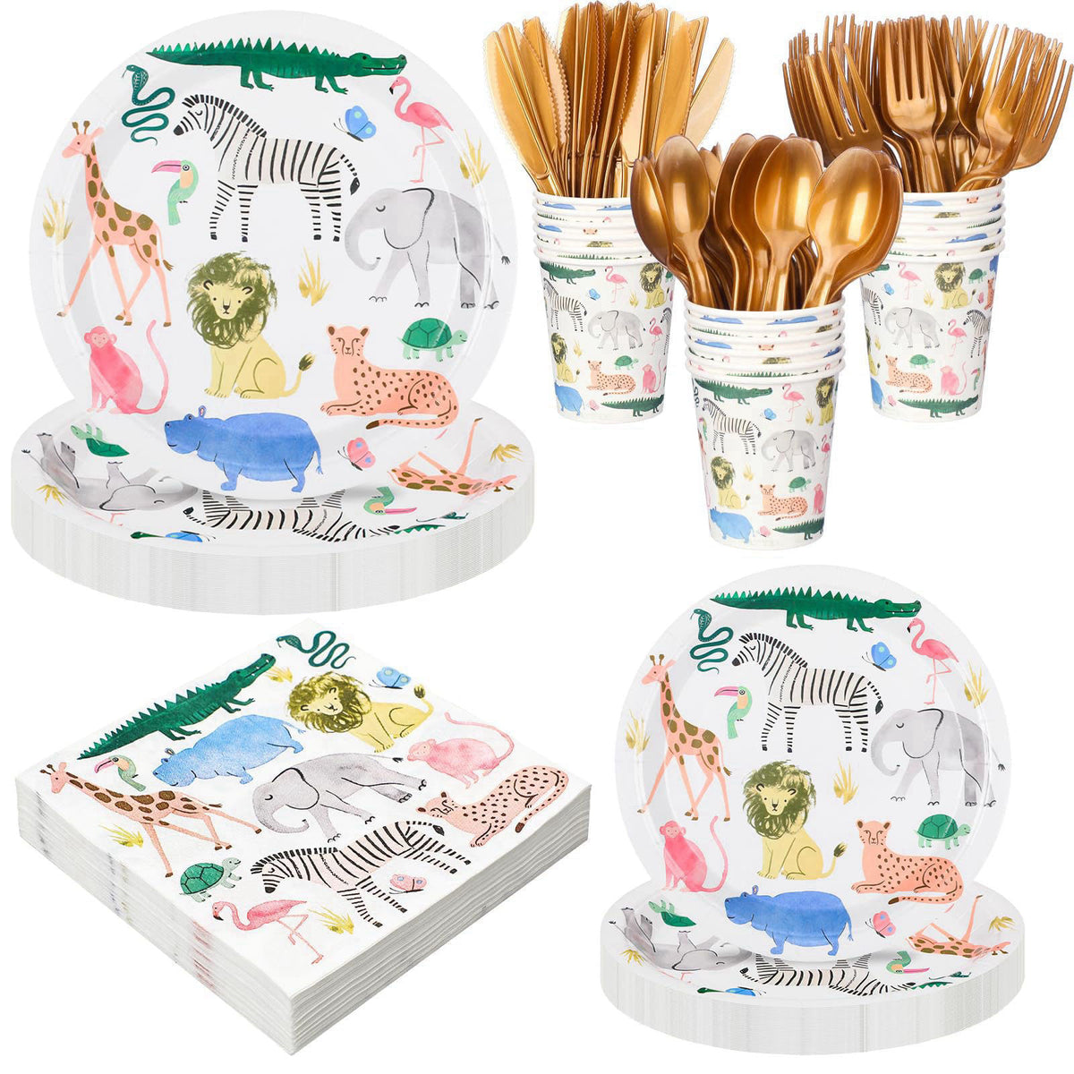Newtay 350 Pcs/ 50 Sets Safari Animals Supplies Include Paper Plates, Napkins, Cups and Knife, Spoon, Fork Disposable Ta