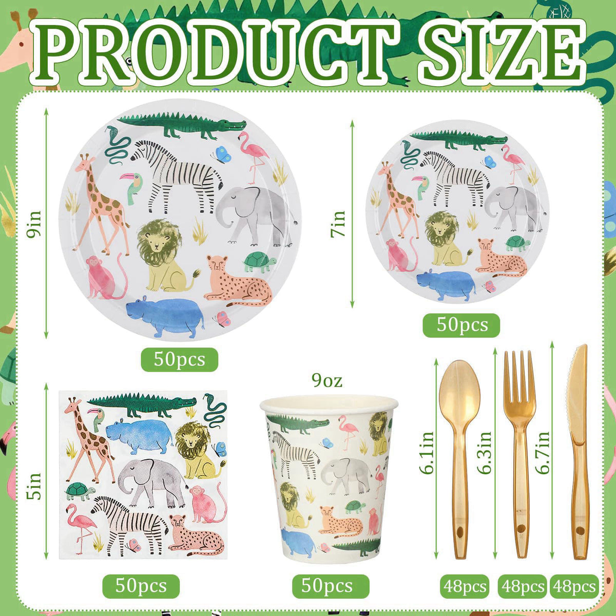 Newtay 350 Pcs/ 50 Sets Safari Animals Supplies Include Paper Plates, Napkins, Cups and Knife, Spoon, Fork Disposable Ta