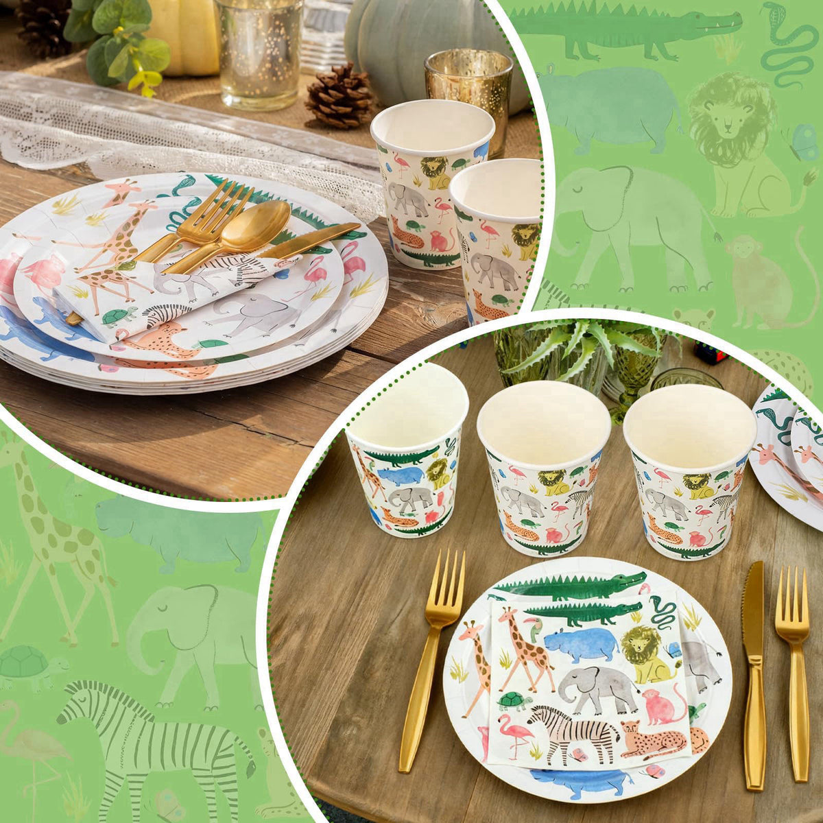 Newtay 350 Pcs/ 50 Sets Safari Animals Supplies Include Paper Plates, Napkins, Cups and Knife, Spoon, Fork Disposable Ta