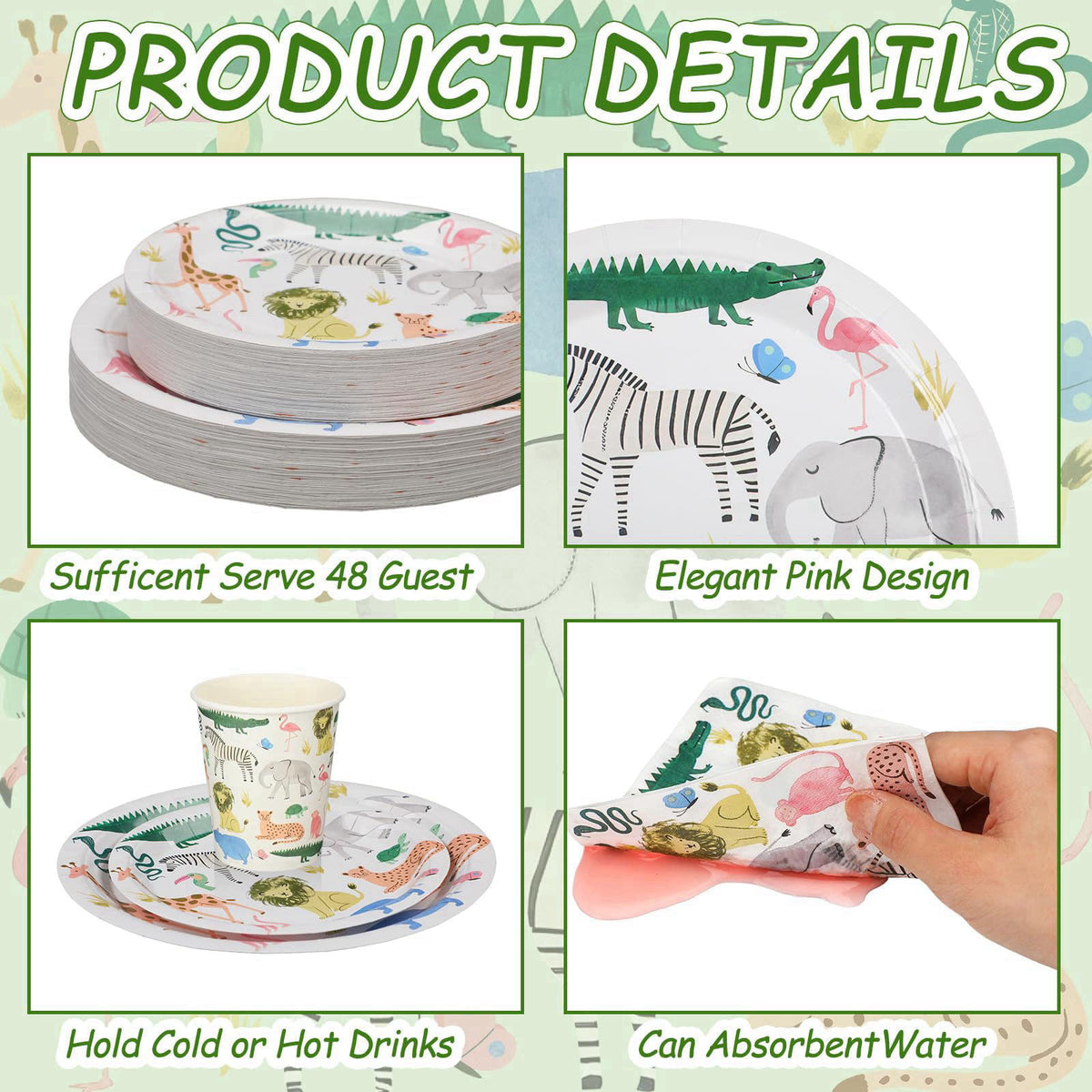 Newtay 350 Pcs/ 50 Sets Safari Animals Supplies Include Paper Plates, Napkins, Cups and Knife, Spoon, Fork Disposable Ta