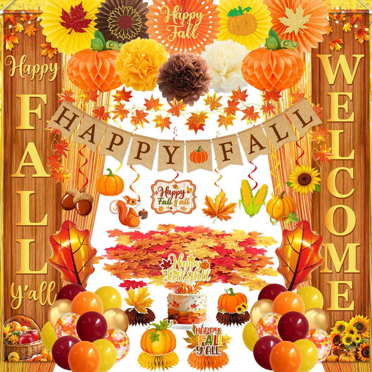 Peghoqu Fall Party Decorations Set Happy Fall Banner,Hanging Swirls,Porch Sign,Maple Leaf Hanging Garland,Foil Balloon,H