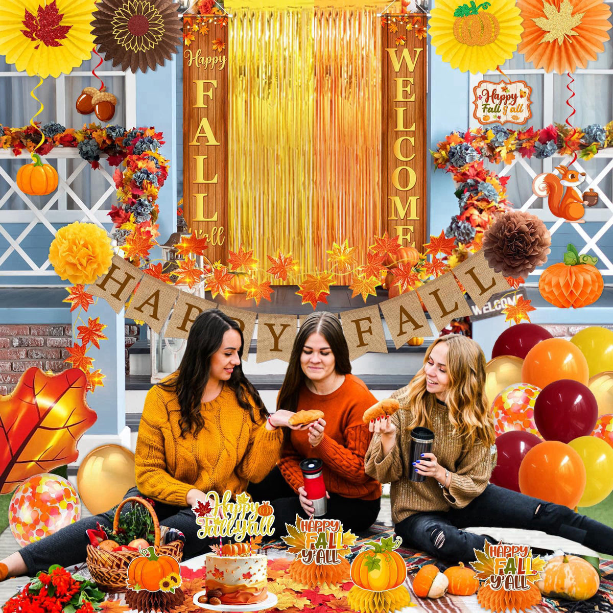 Peghoqu Fall Party Decorations Set Happy Fall Banner,Hanging Swirls,Porch Sign,Maple Leaf Hanging Garland,Foil Balloon,H