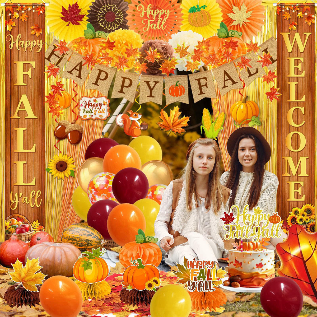 Peghoqu Fall Party Decorations Set Happy Fall Banner,Hanging Swirls,Porch Sign,Maple Leaf Hanging Garland,Foil Balloon,H