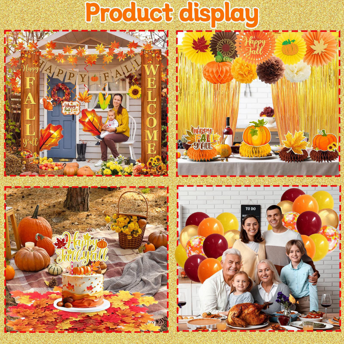 Peghoqu Fall Party Decorations Set Happy Fall Banner,Hanging Swirls,Porch Sign,Maple Leaf Hanging Garland,Foil Balloon,H