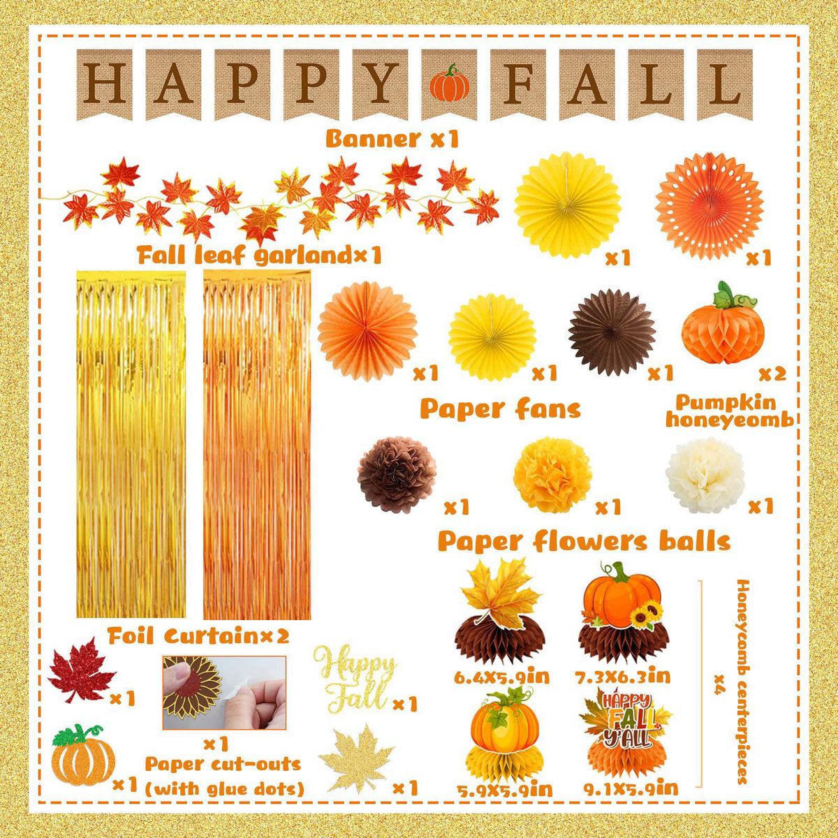 Peghoqu Fall Party Decorations Set Happy Fall Banner,Hanging Swirls,Porch Sign,Maple Leaf Hanging Garland,Foil Balloon,H