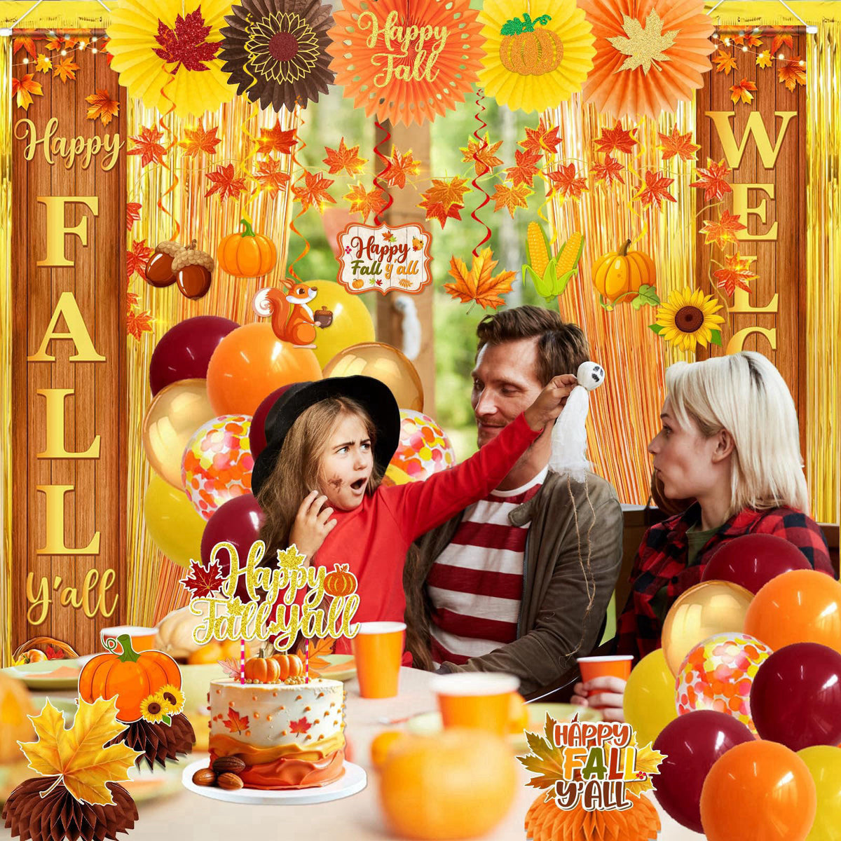 Peghoqu Fall Party Decorations Set Happy Fall Banner,Hanging Swirls,Porch Sign,Maple Leaf Hanging Garland,Foil Balloon,H