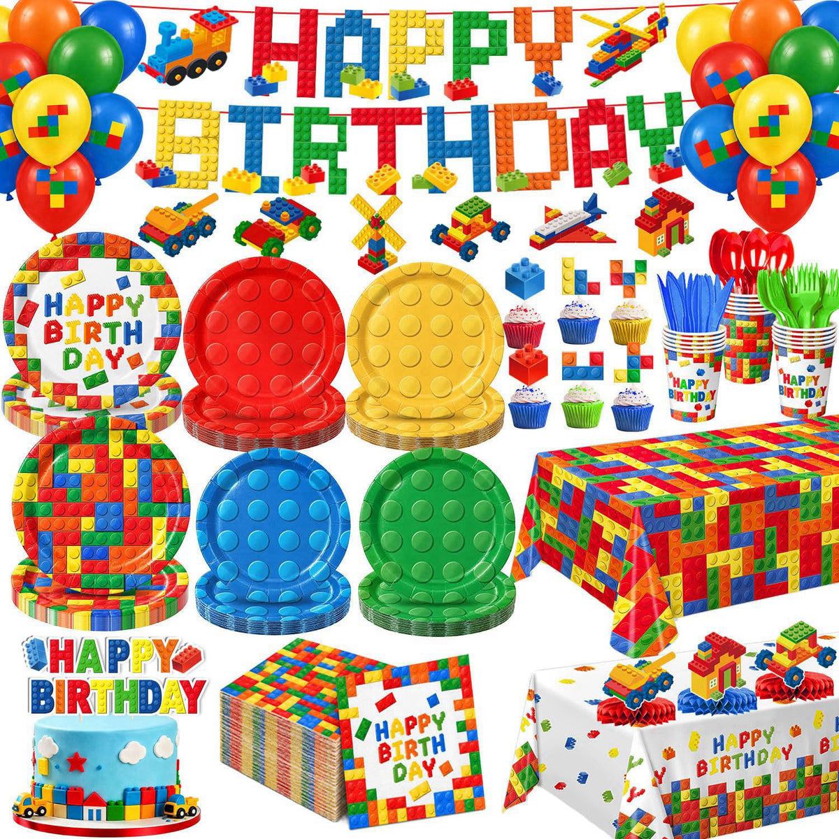NKPDAXM Building Block Birthday Decorations, Colorful Building Block Plates, Napkins, Cups, Tablecloth, Banner, Hanging 