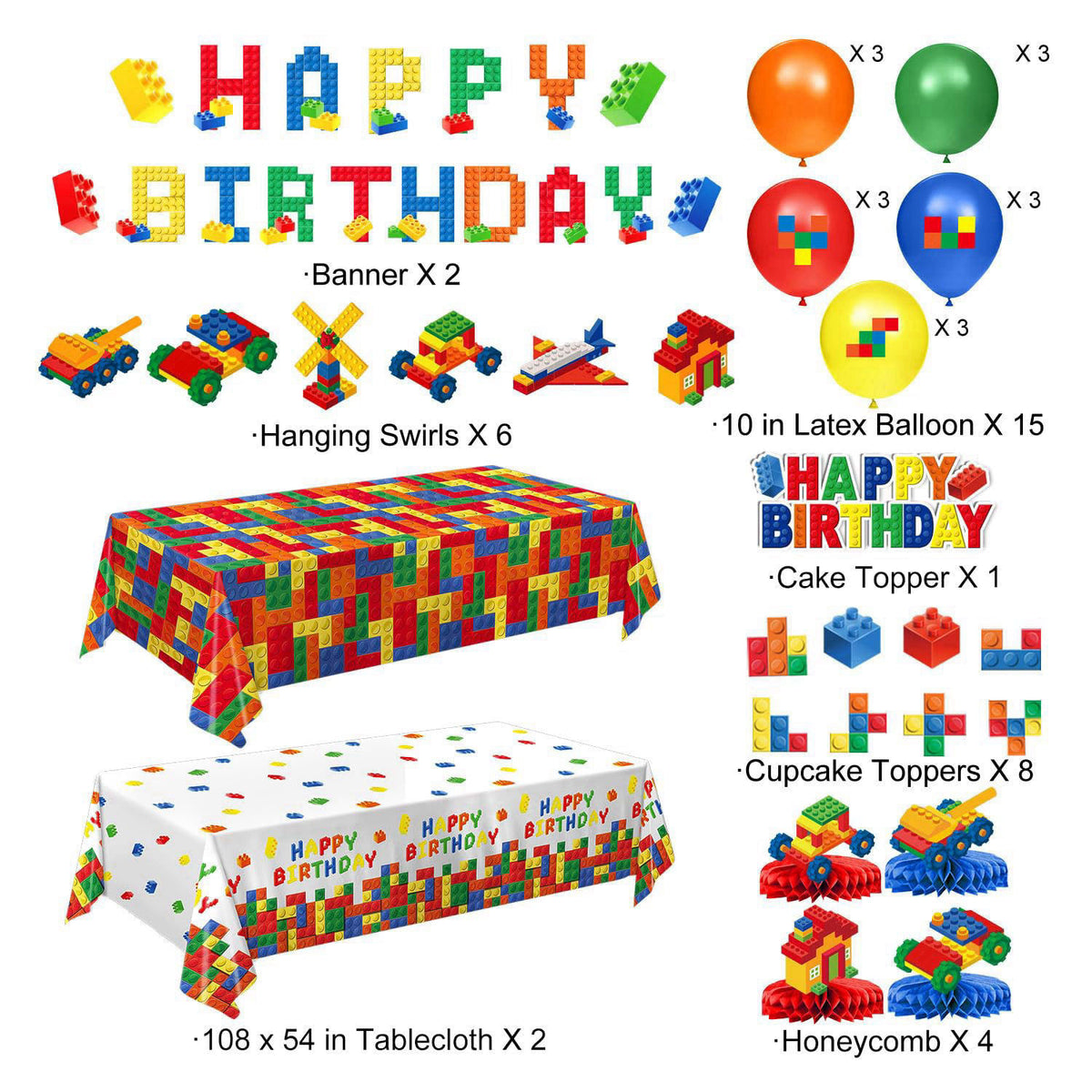 NKPDAXM Building Block Birthday Decorations, Colorful Building Block Plates, Napkins, Cups, Tablecloth, Banner, Hanging 