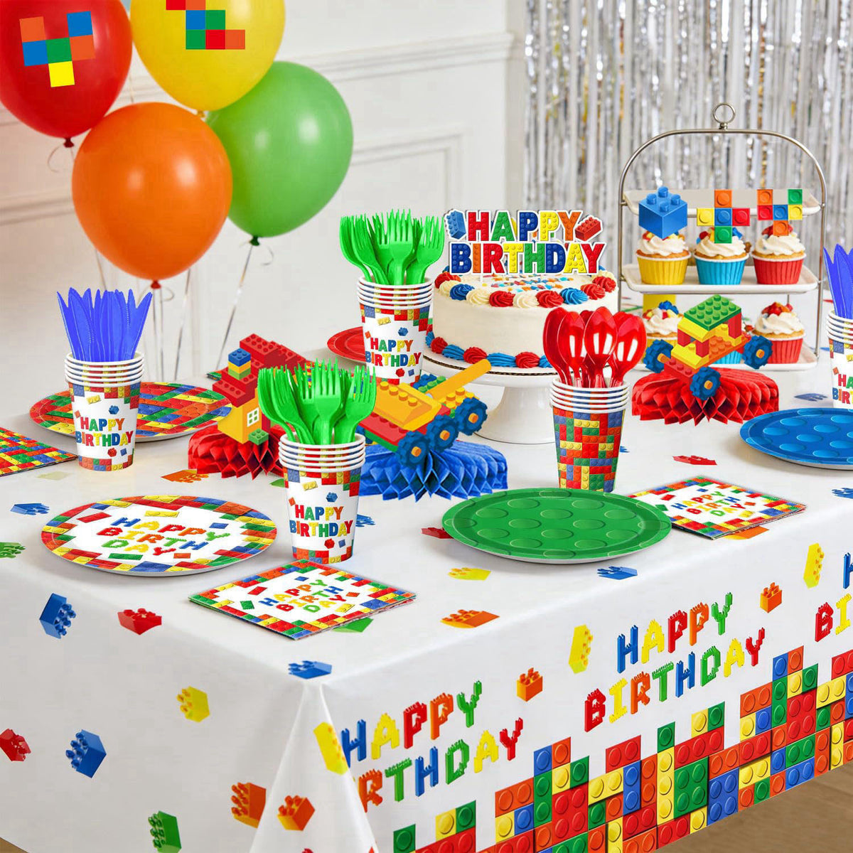 NKPDAXM Building Block Birthday Decorations, Colorful Building Block Plates, Napkins, Cups, Tablecloth, Banner, Hanging 