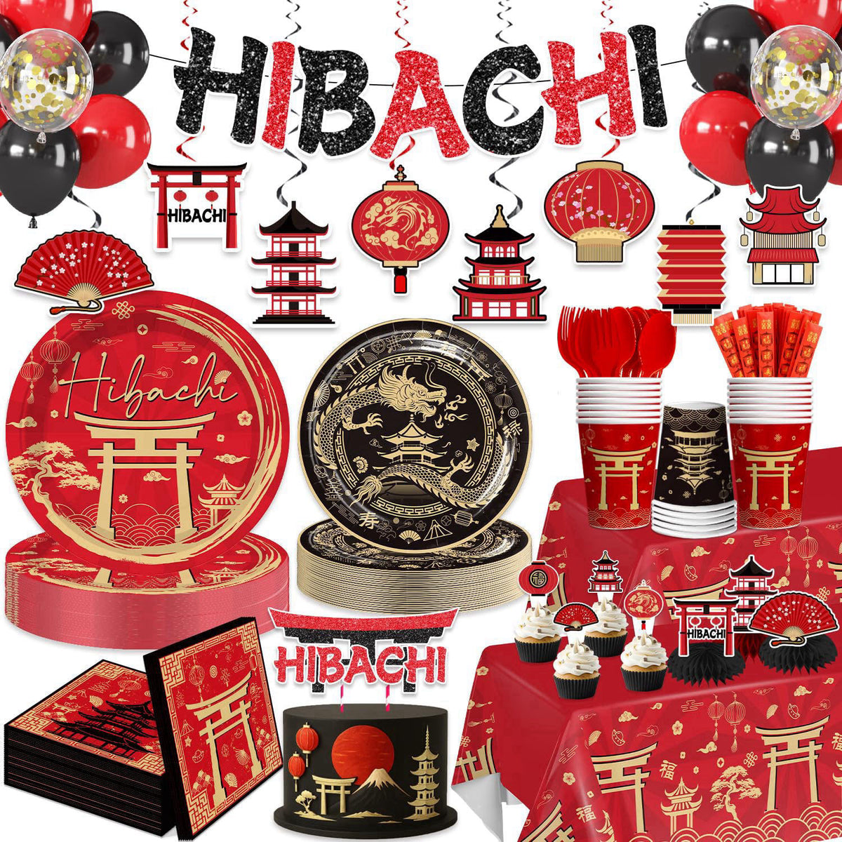 wellspar Red Gold Hibachi Party Decorations Tableware Set, for 25 Guest – product photo (Party Packs)