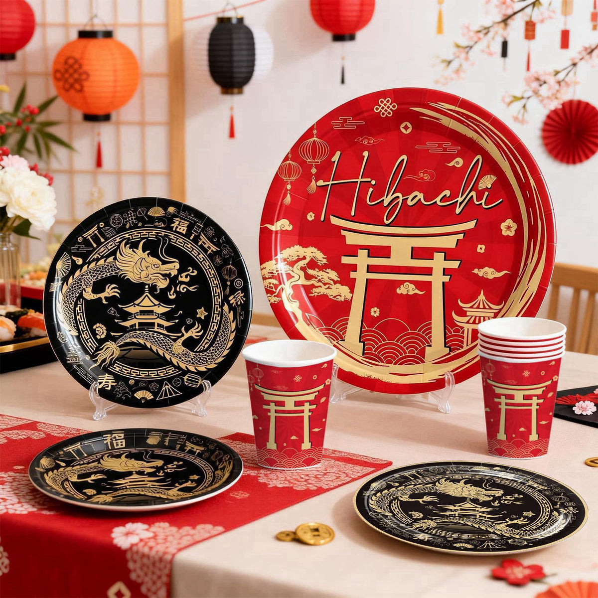 wellspar Red Gold Hibachi Party Decorations Tableware Set, for 25 Guest – close-up detail
