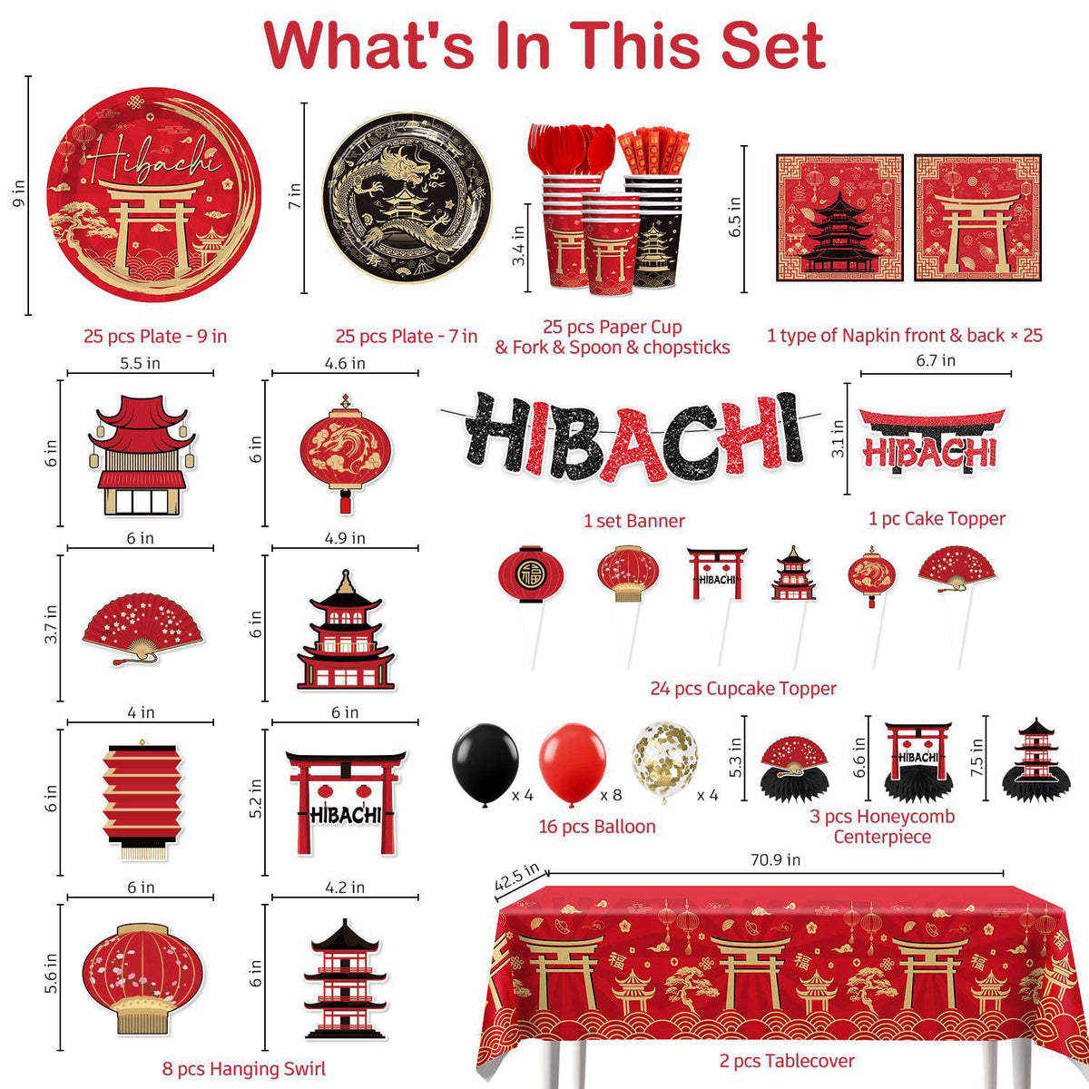 wellspar Red Gold Hibachi Party Decorations Tableware Set, for 25 Guest – packaging and label