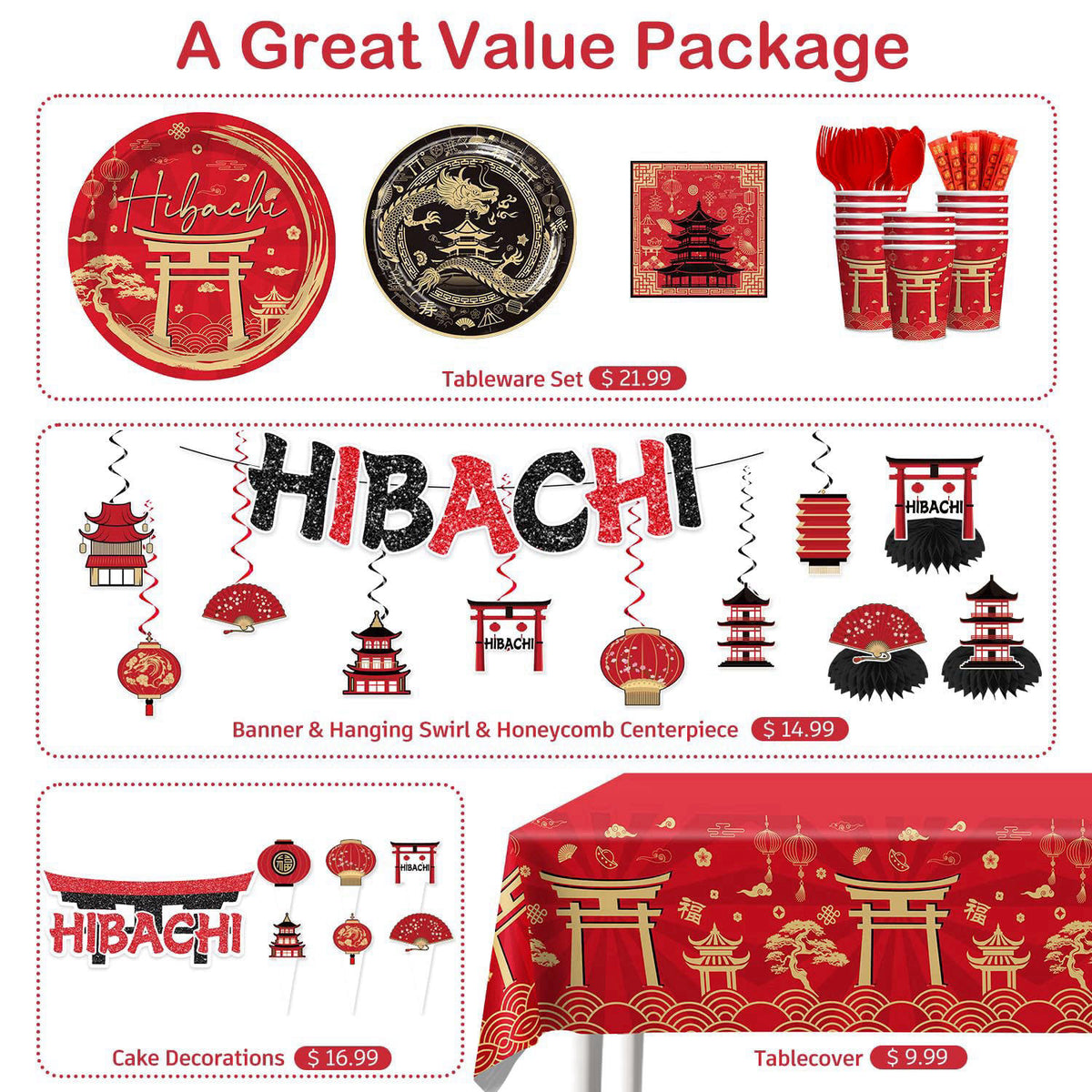 wellspar Red Gold Hibachi Party Decorations Tableware Set, for 25 Guest – full view