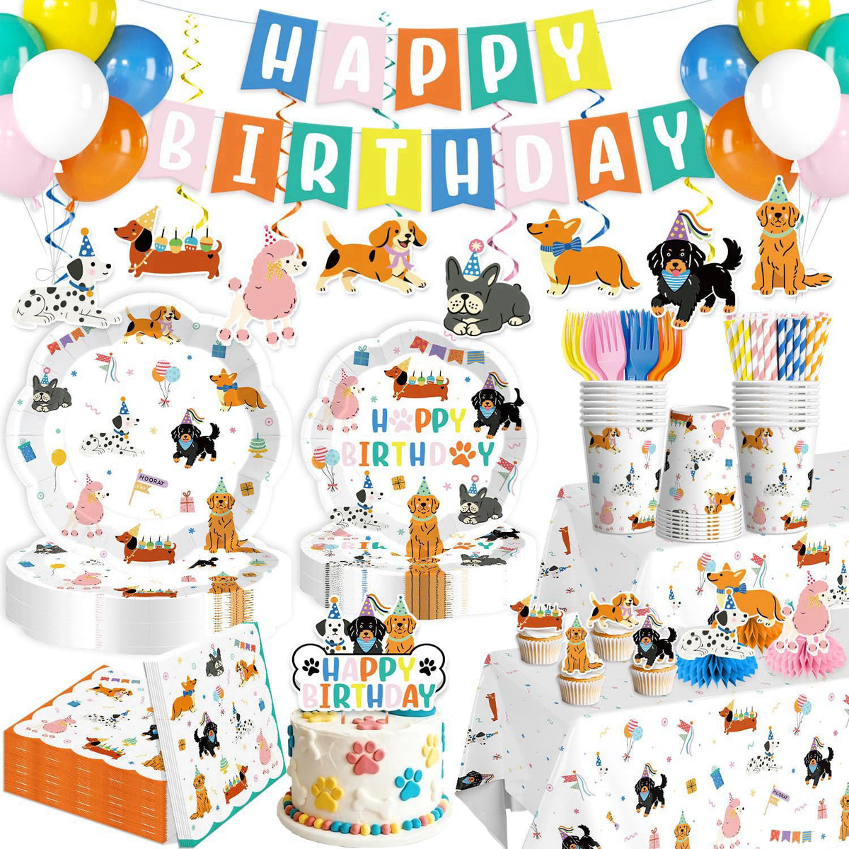 Yingoto Dog Themed Birthday Party Decorations Tableware Set, Serves 25 – close-up detail in Pastel Rainbow Colors