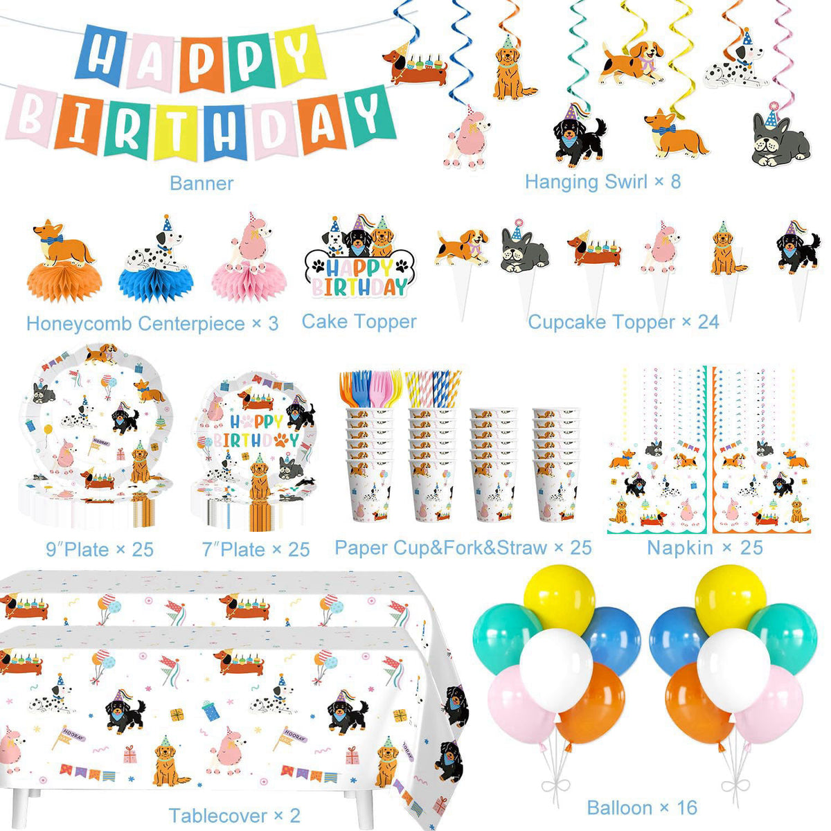 Yingoto Dog Themed Birthday Party Decorations Tableware Set, Serves 25 – full view