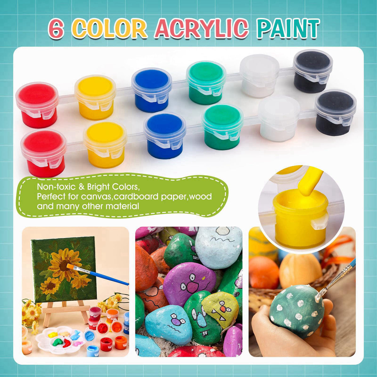 ESRICH 20 Set Canvas Painting Kit, Mini Acrylic Paint Set – back view and specifications