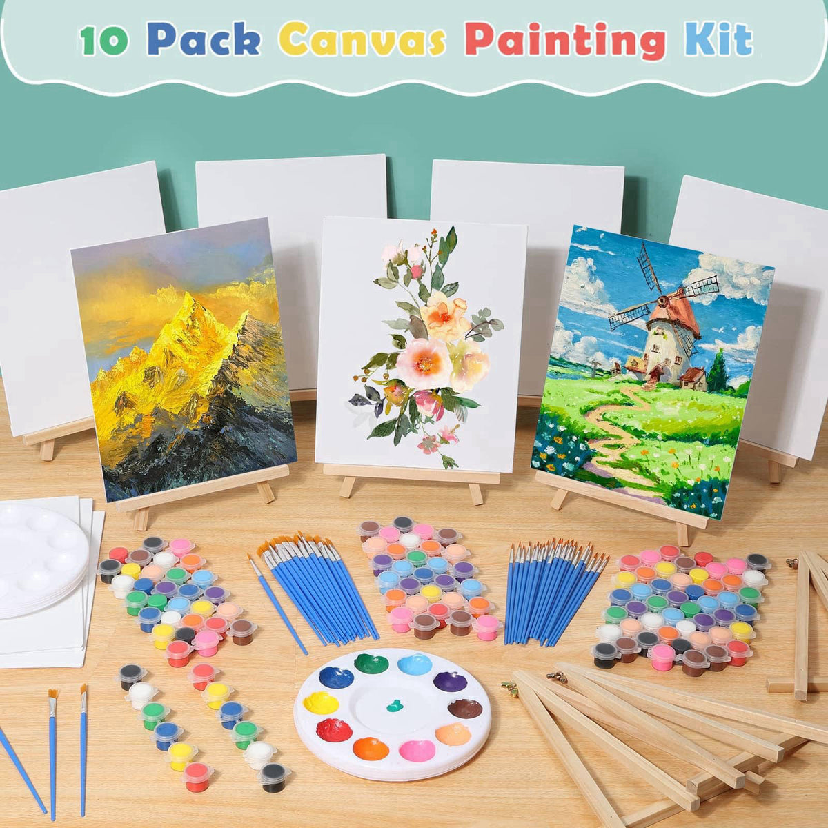 Evatage 10 Pack Sip and Paint Kit for Adults, 8x10 Inch Canvas Painting Kit – close-up detail in Mullticolor