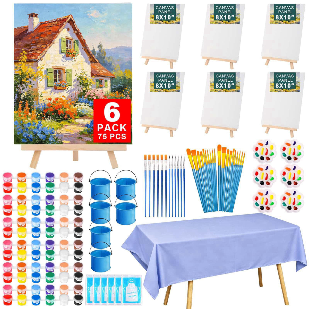 Flasoo 6 Pack 8x10 Canvas Painting Kit, 75 PCS Sip and Paint Kit, Paint and Sip Kit for Adults with Acrylic Paint, 32 Br