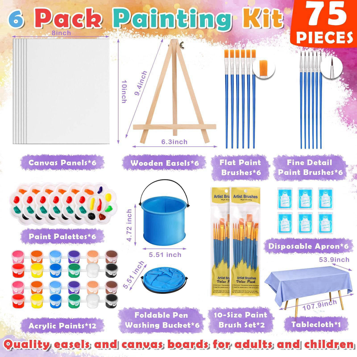 Flasoo 6 Pack 8x10 Canvas Painting Kit, 75 PCS Sip and Paint Kit, Paint and Sip Kit for Adults with Acrylic Paint, 32 Br
