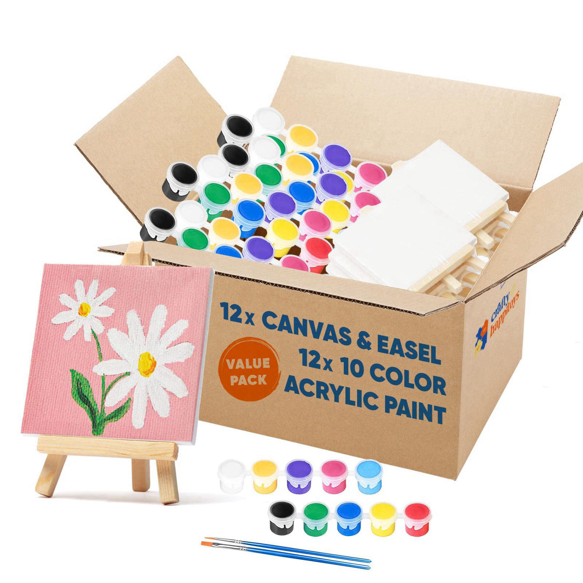 CRAFTY HAPPITOYS Set of 12 Mini 4x4 Canvas and Easel Set with 10 Colors Acrylic Paint - Bulk Kids Art Party Favors & Sup