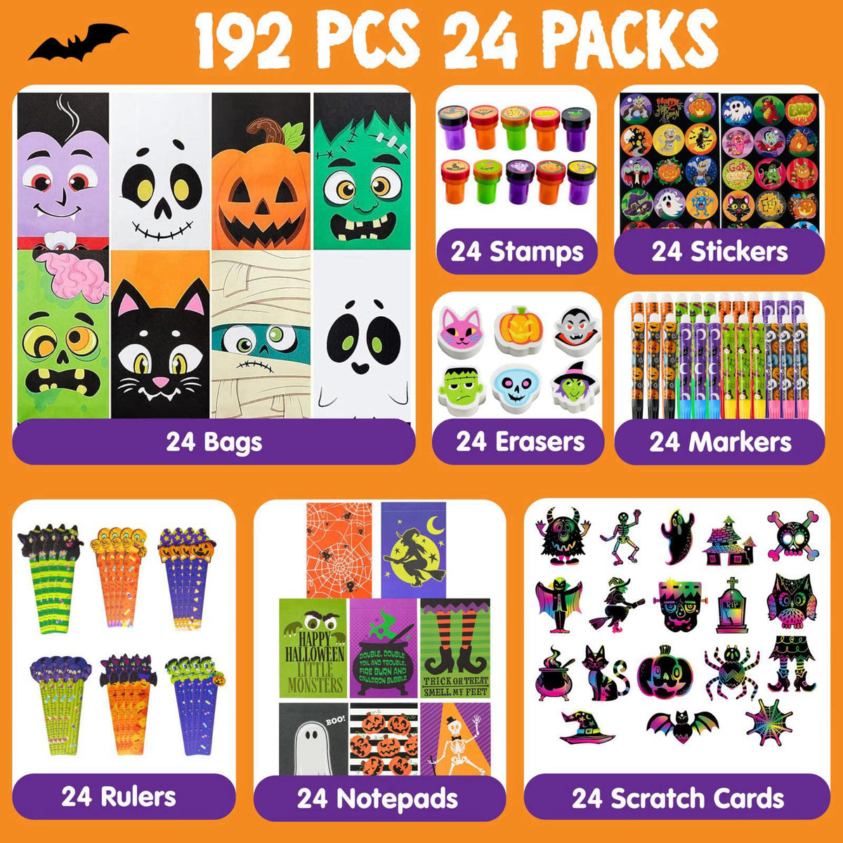 JOYIN 192PCS Halloween Stationery Set, Trick or Treat Gifts for Kids, 24 Pack Halloween Themed Stationery Set for Party 