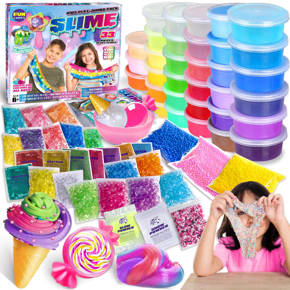 FUN KIDZ 33 Cups Jumbo Slime Kit for Kids, FunKidz Premade Ultimate Slime Pack to DIY Soft, Cloud, Clear, Butter, Glitte
