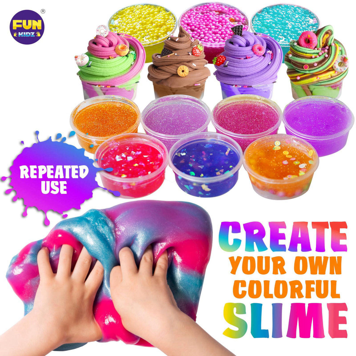 FUN KIDZ 33 Cups Jumbo Slime Kit for Kids, FunKidz Premade Ultimate Slime Pack to DIY Soft, Cloud, Clear, Butter, Glitte