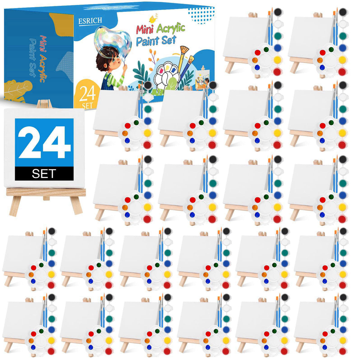 ESRICH 24 Set Mini Acrylic Paint Kit, Mini Stretched Canvas with Easel – product photo (Kits)
