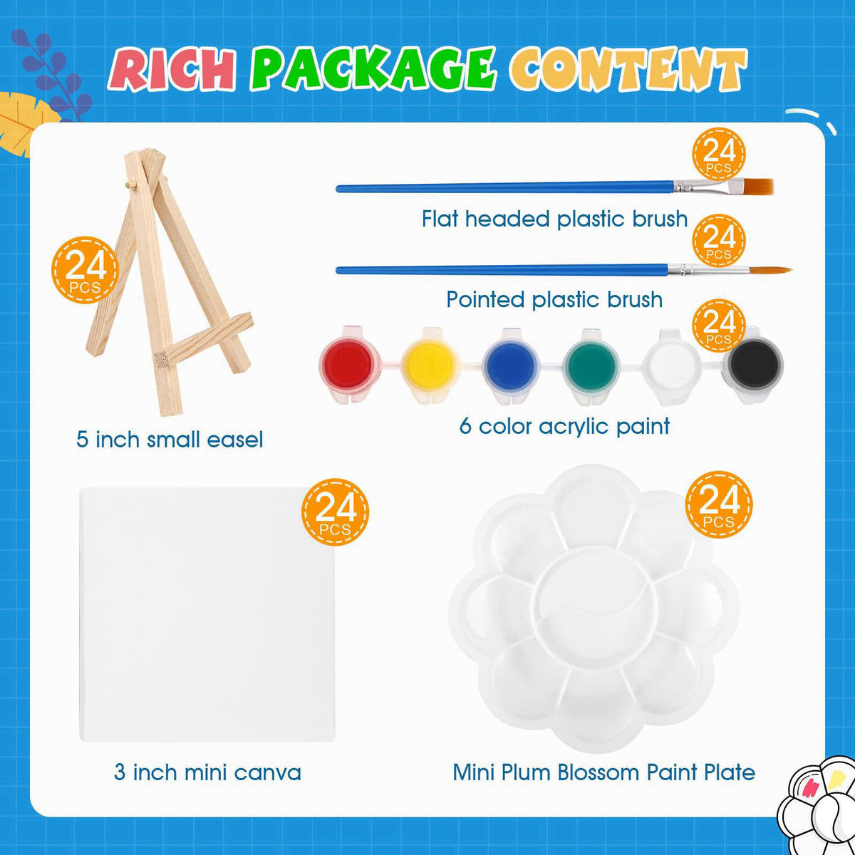 ESRICH 24 Set Mini Acrylic Paint Kit, Mini Stretched Canvas with Easel – packaging and label