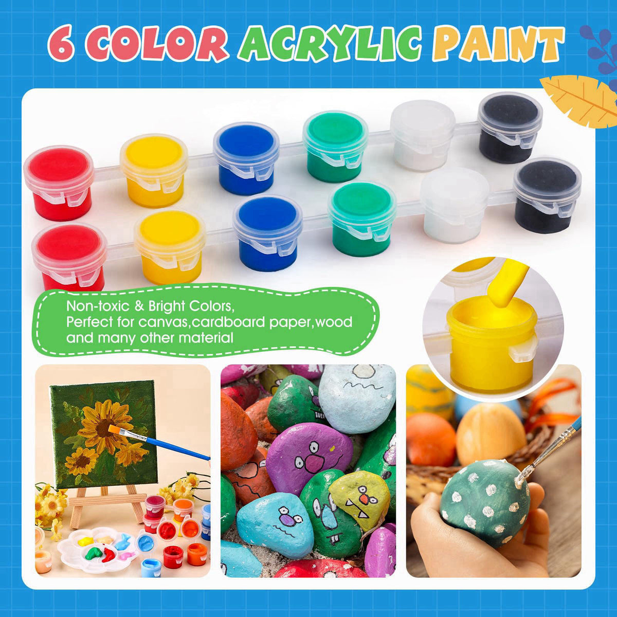 ESRICH 24 Set Mini Acrylic Paint Kit, Mini Stretched Canvas with Easel – back view and specifications