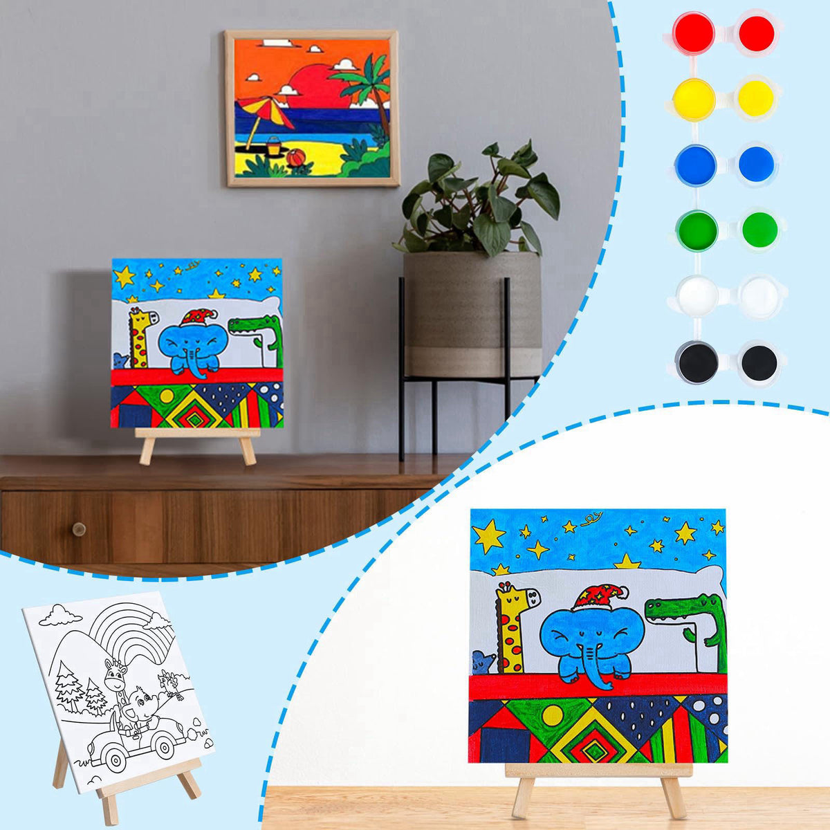 Tenceur 48 Pcs Kids Paint Party Favor Sets, Mini Acrylic Paint Set – back view and specifications