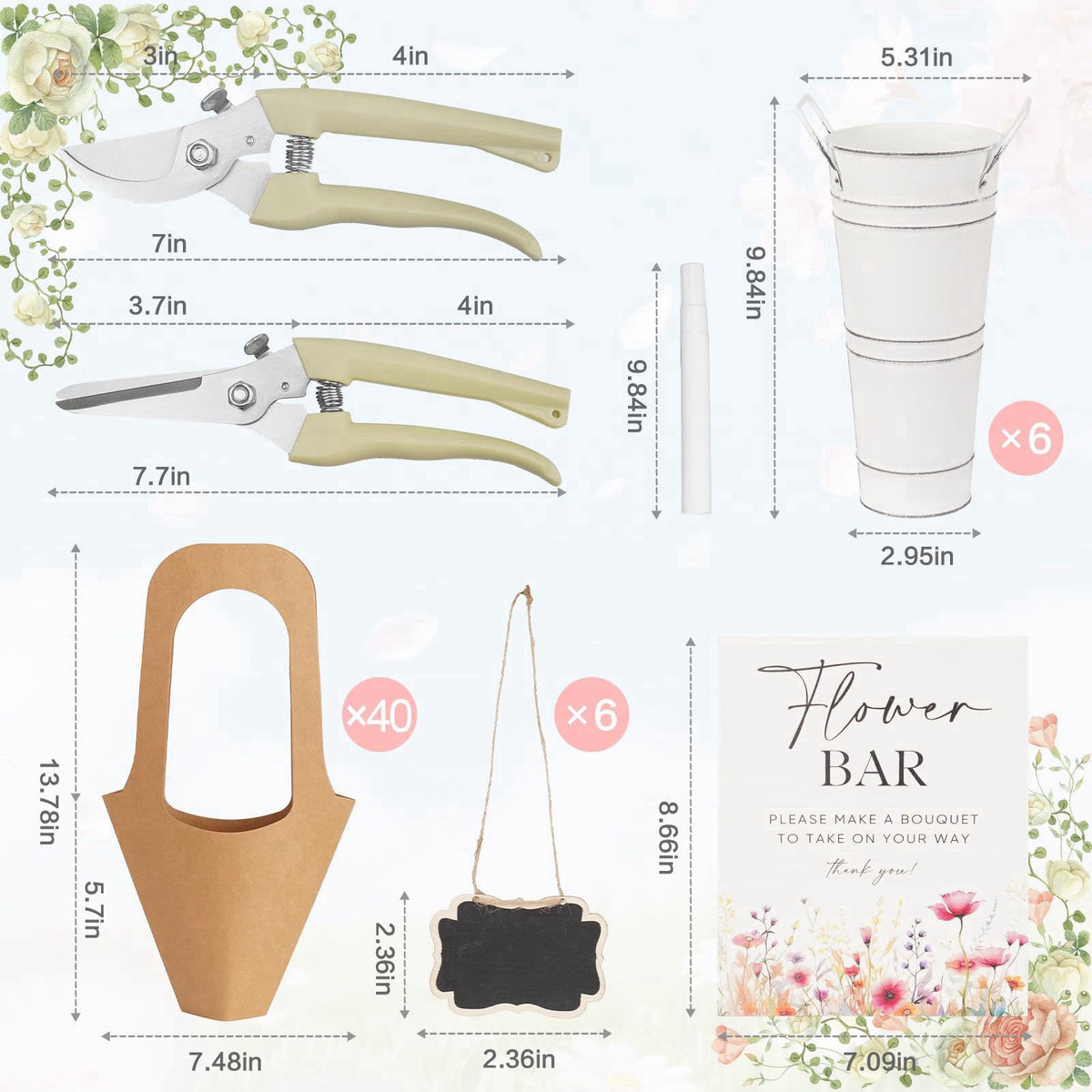 SIYOMG 56 Pcs Flower Bar Supplies Kit – Bloom Bar Set Includes Iron Buckets, Wood Signs, Gift Bags, Garden Shears, Chalk