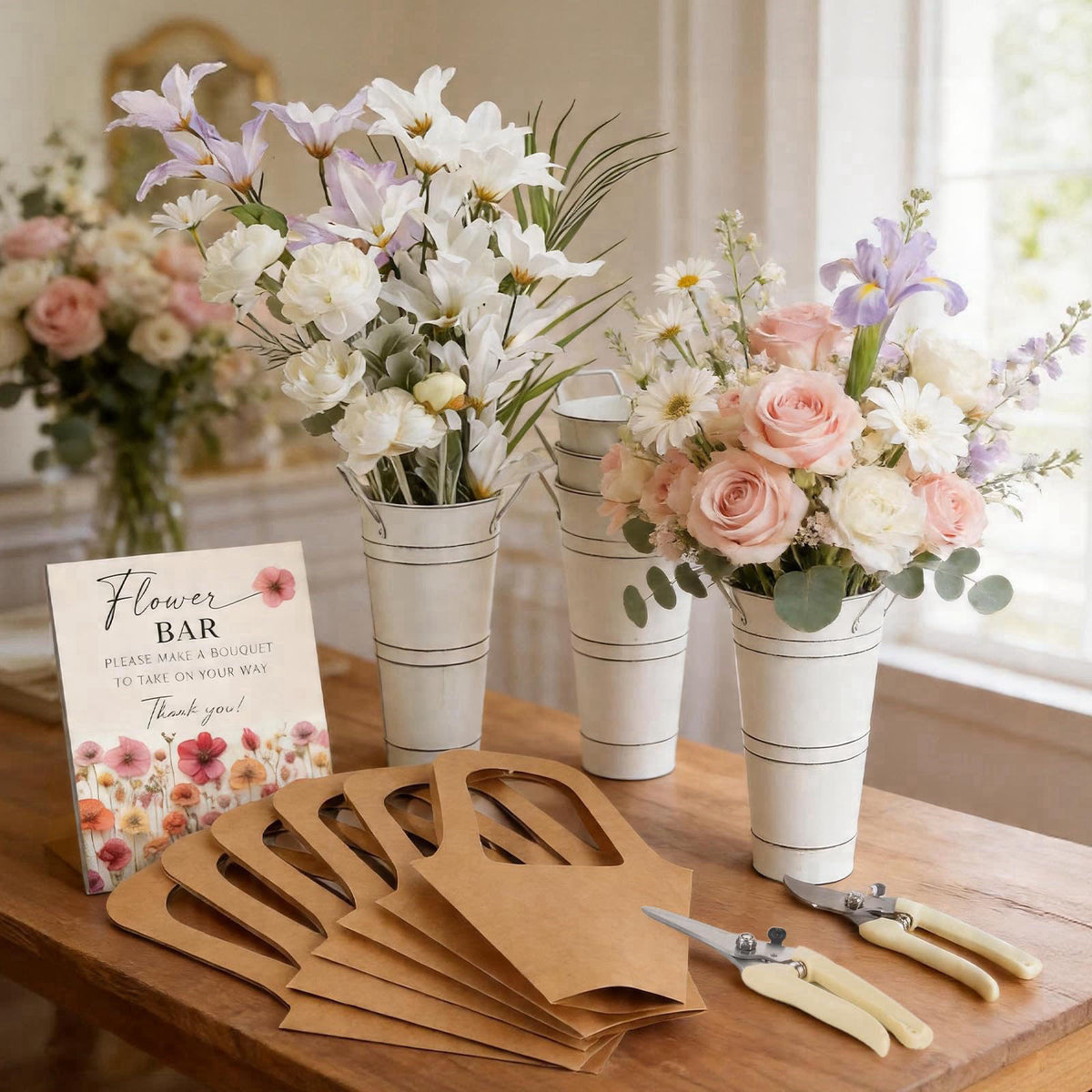 SIYOMG 56 Pcs Flower Bar Supplies Kit – Bloom Bar Set Includes Iron Buckets, Wood Signs, Gift Bags, Garden Shears, Chalk
