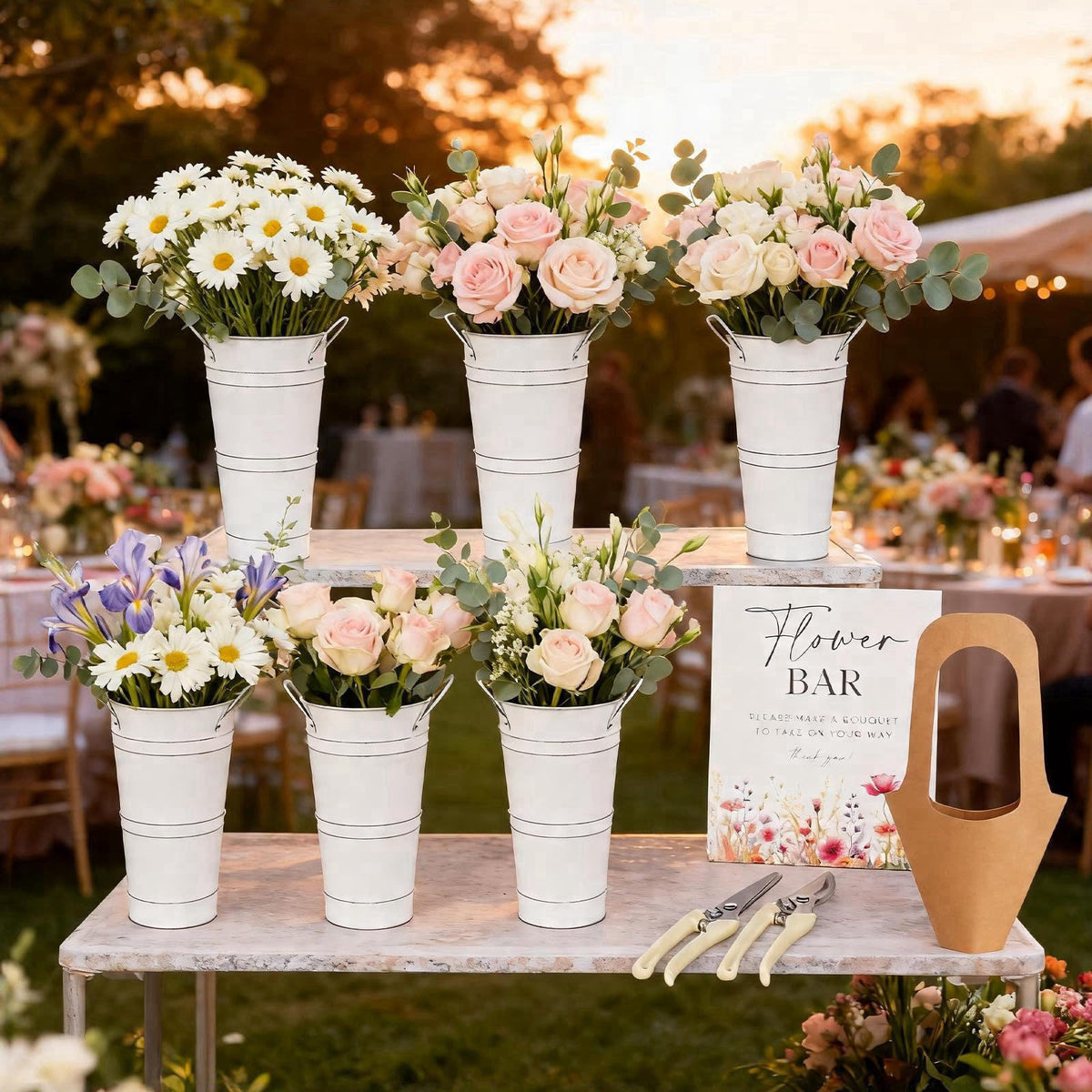 SIYOMG 56 Pcs Flower Bar Supplies Kit – Bloom Bar Set Includes Iron Buckets, Wood Signs, Gift Bags, Garden Shears, Chalk