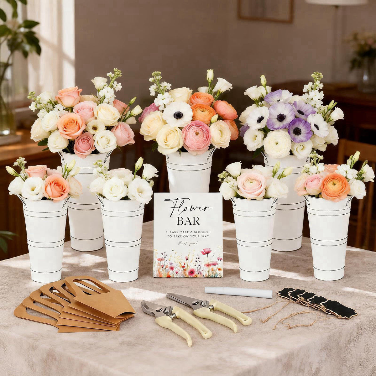 SIYOMG 56 Pcs Flower Bar Supplies Kit – Bloom Bar Set Includes Iron Buckets, Wood Signs, Gift Bags, Garden Shears, Chalk