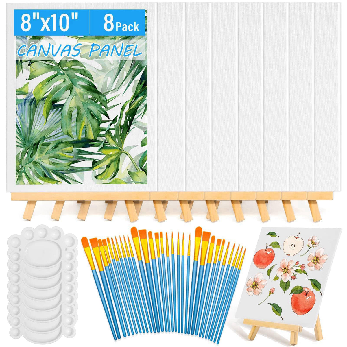 shynek 54 Pack Canvas with Easel Set 8 x 10 Inch Canvas Boards with Wooden Easels, Paint Brushes Canvas Panel Painting K