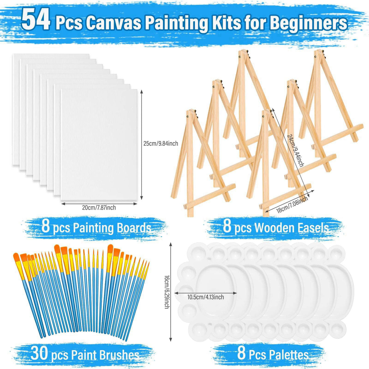 shynek 54 Pack Canvas with Easel Set 8 x 10 Inch Canvas Boards with Wooden Easels, Paint Brushes Canvas Panel Painting K