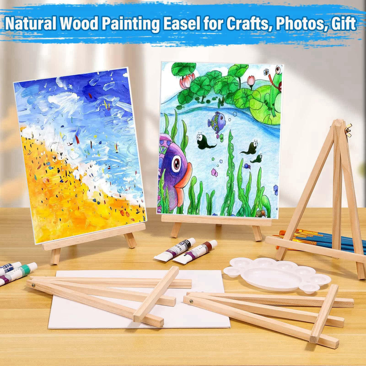 shynek 54 Pack Canvas with Easel Set 8 x 10 Inch Canvas Boards with Wooden Easels, Paint Brushes Canvas Panel Painting K
