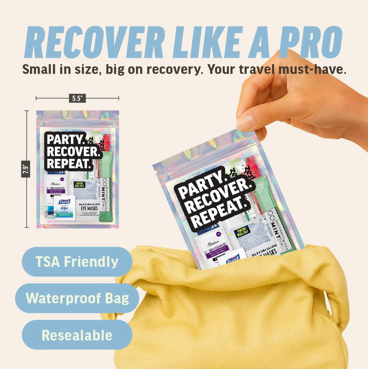 ZEST Hangover Kit – 10pc Pre-Filled Supplies Bags – Bachelorette Party Favors, Girls Weekend Gifts, 21st Birthday Ideas 