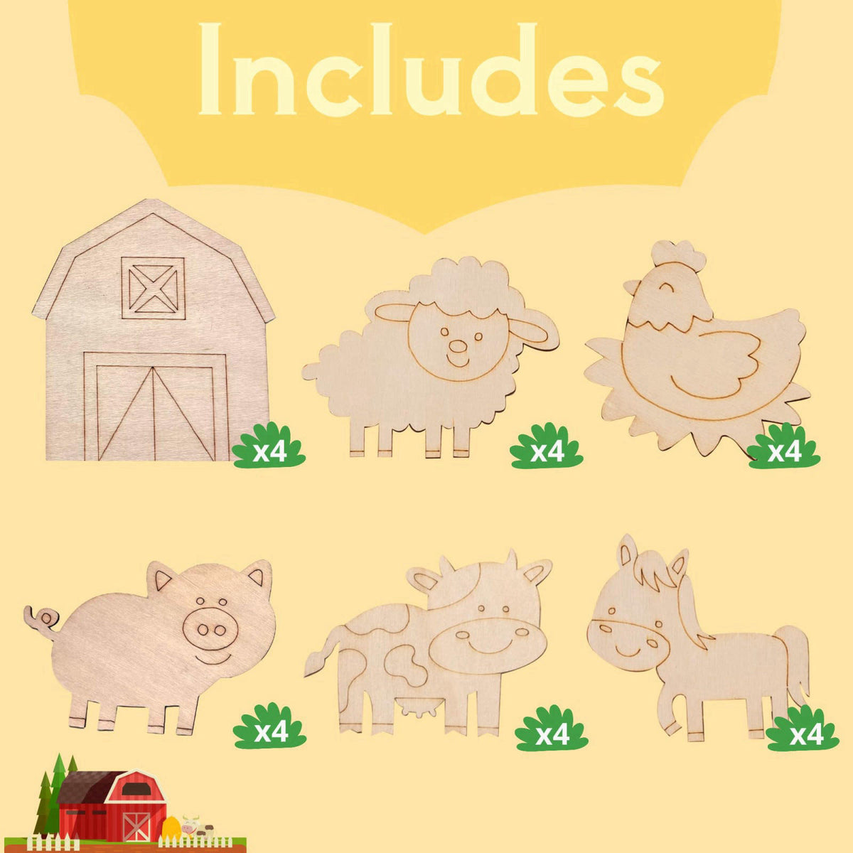 GEECOZYLIFE 24PCS Farm Animals Party Favors - Farm Barnyard Wooden Painting Craft Kit – back view and specifications