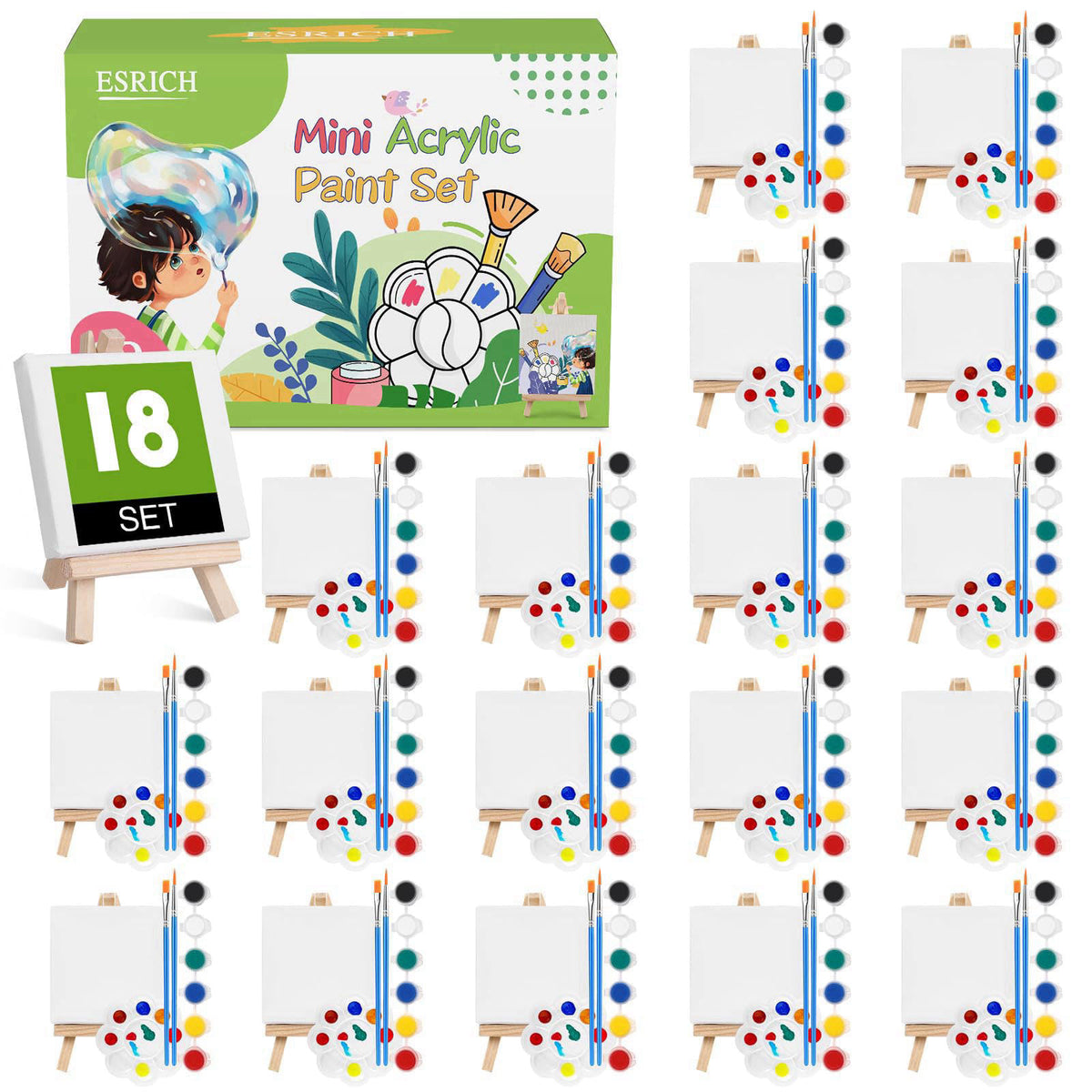 ESRICH 18 Set Mini Acrylic Paint Kit, Mini Stretched Canvas with Easel – product photo (Kits)