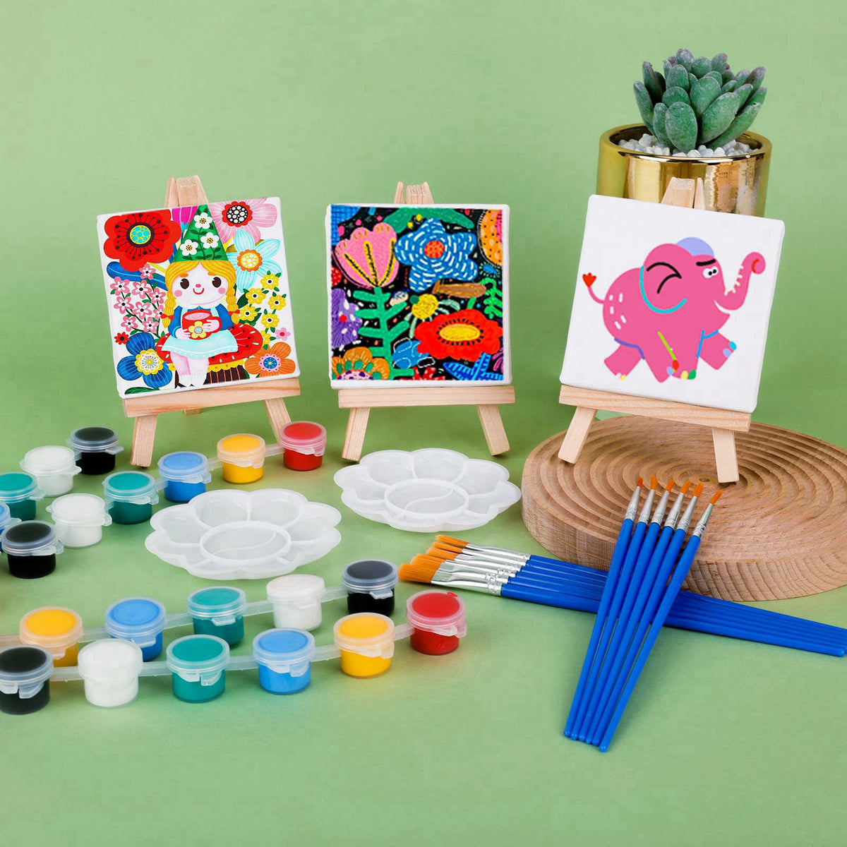 ESRICH 18 Set Mini Acrylic Paint Kit, Mini Stretched Canvas with Easel – close-up detail