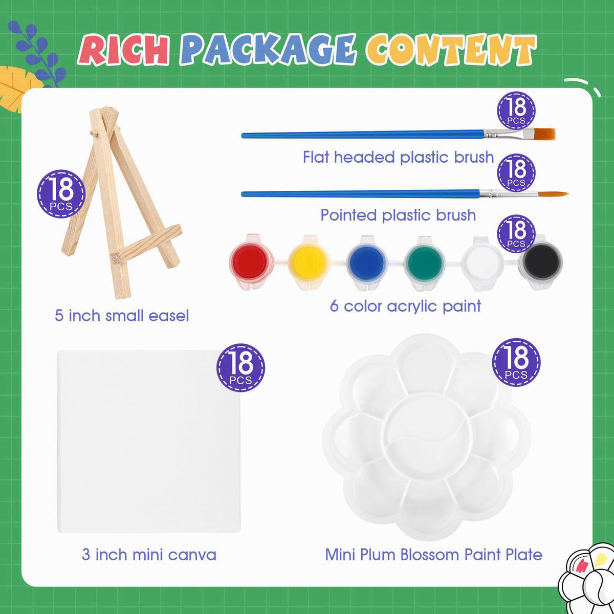 ESRICH 18 Set Mini Acrylic Paint Kit, Mini Stretched Canvas with Easel – full view, size 5in(13*8cm) 5in(13*8cm) 6in(16*