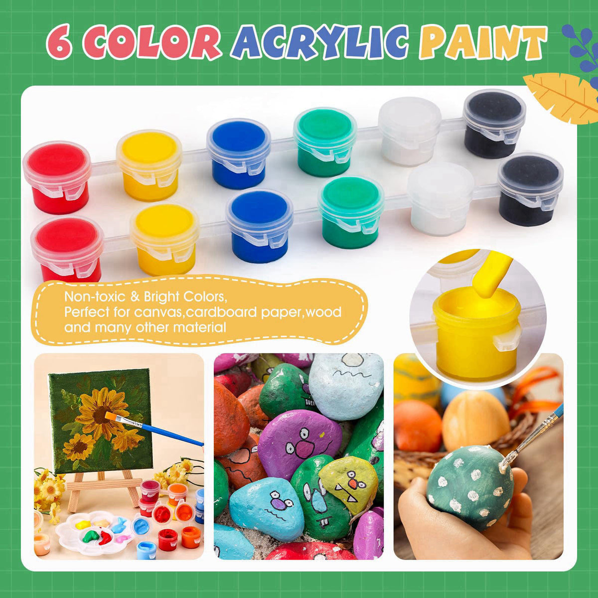 ESRICH 18 Set Mini Acrylic Paint Kit, Mini Stretched Canvas with Easel – back view and specifications