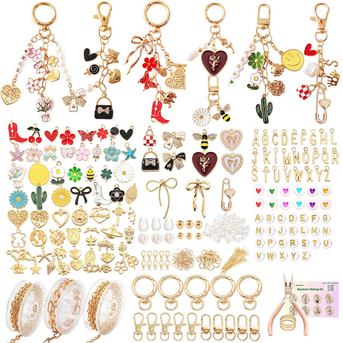 NewOasis 545Pcs Keychain Making Kit, Jewelry Making Supplies with Charms,Bow Bag Charms, Pearls, Chains,DIY Craft Suppli