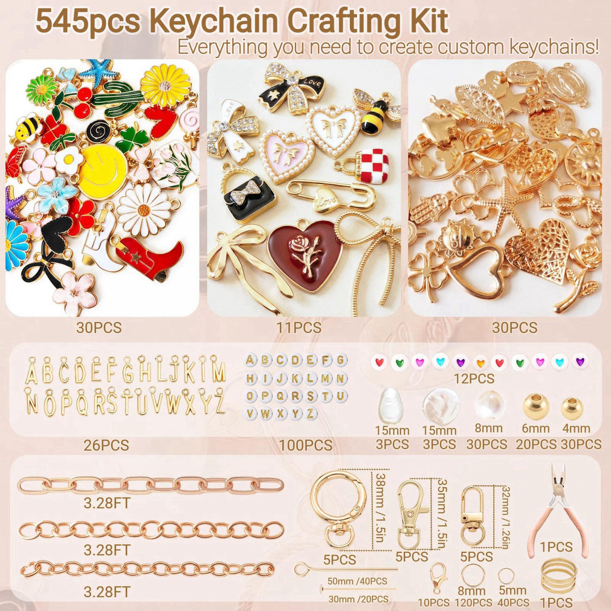 NewOasis 545Pcs Keychain Making Kit, Jewelry Making Supplies with Charms,Bow Bag Charms, Pearls, Chains,DIY Craft Suppli